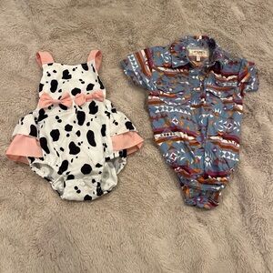 Shyanne Western Cowgirl Romper & Cow Print Pink Bow Baby Romper